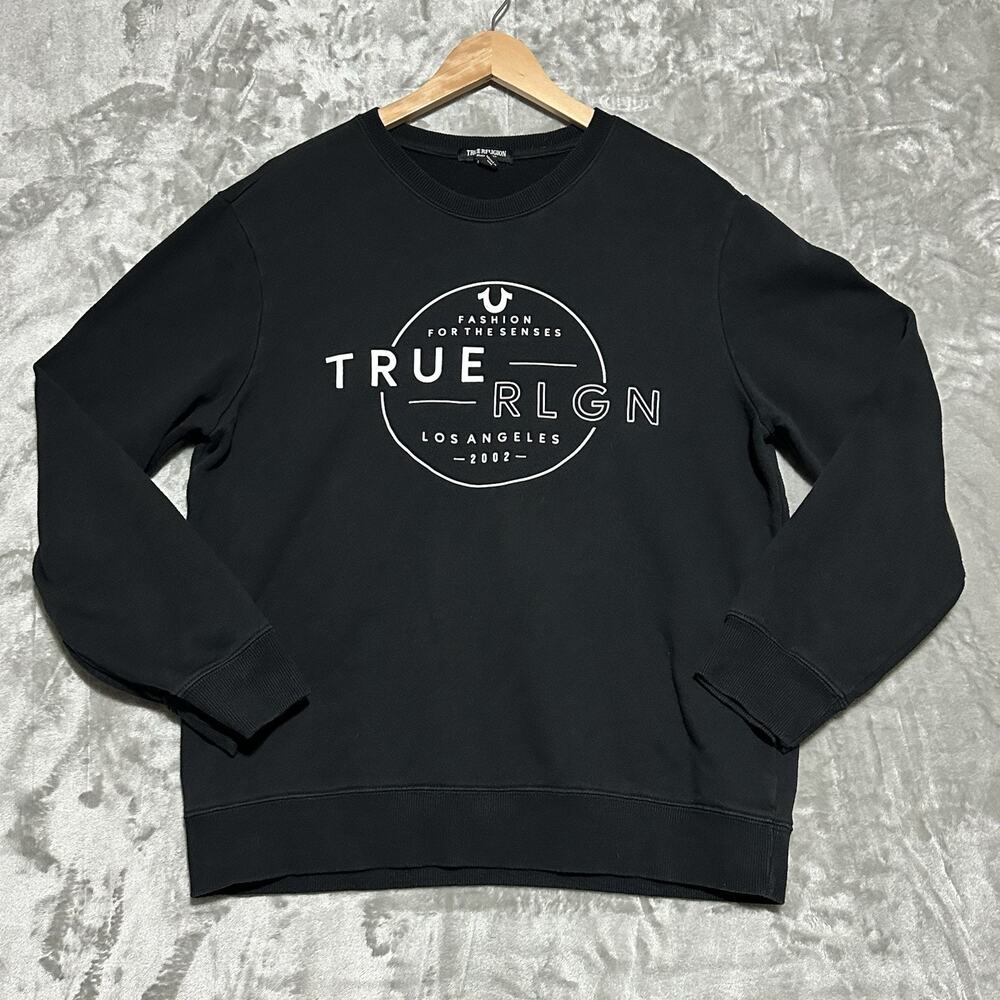 True Religion Halo Sweatshirt Mens Size L Black Crewneck Graphic Streetwear Cozy